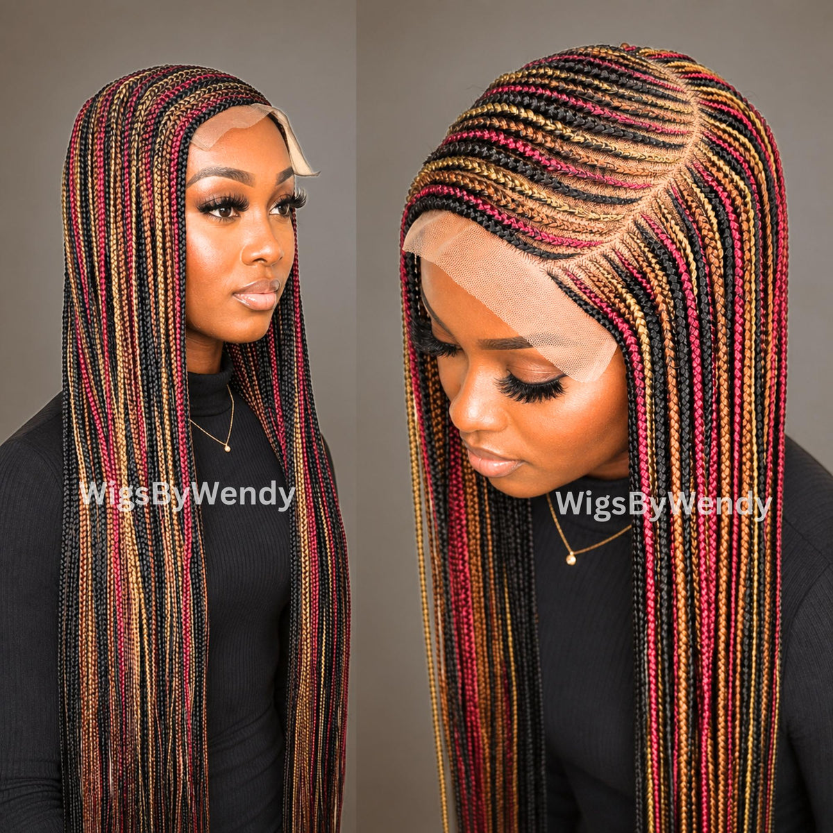 Rainbow Conrow Wig, Long Single Box Braids Lightweight African Weave Wig