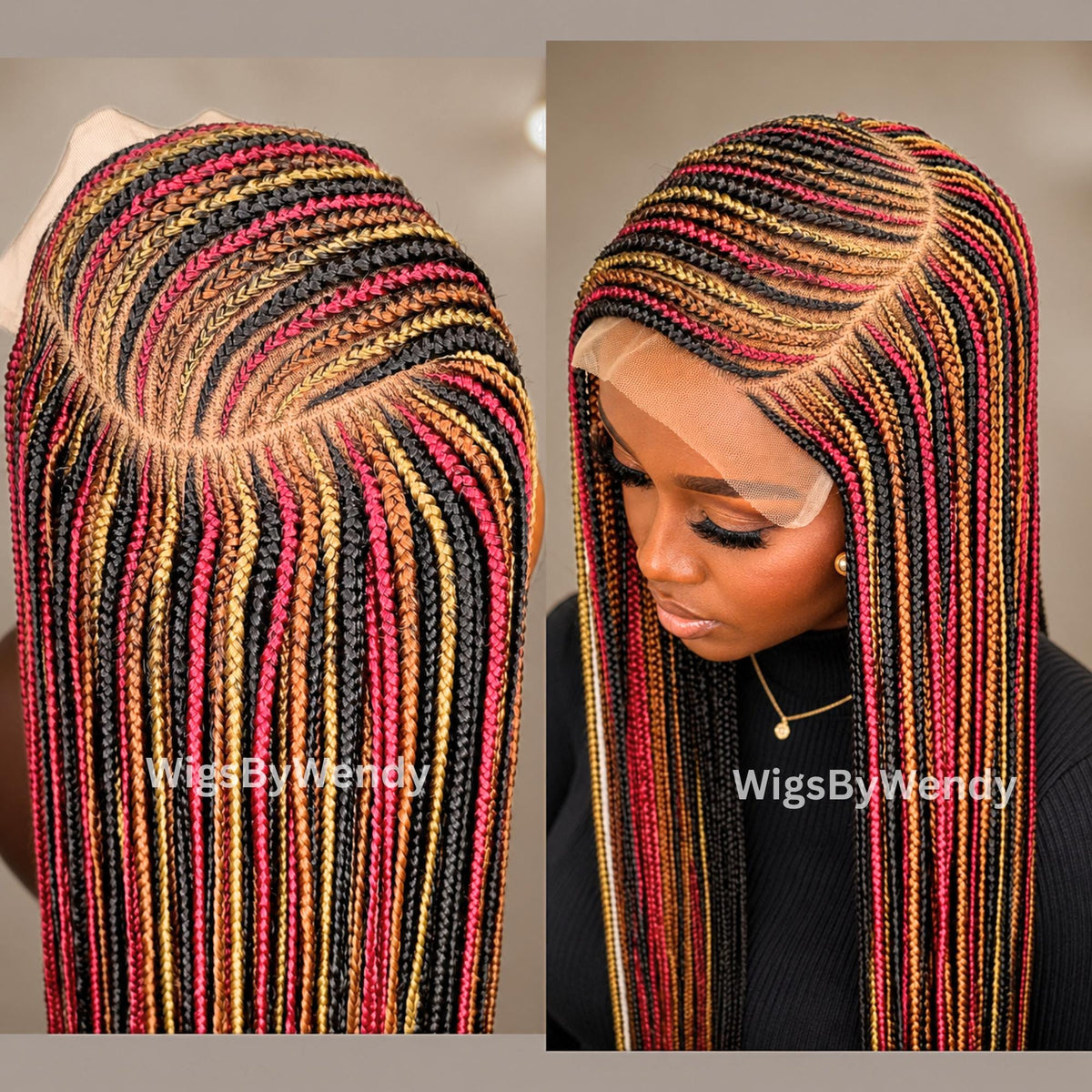 Rainbow Conrow Wig, Long Single Box Braids Lightweight African Weave Wig