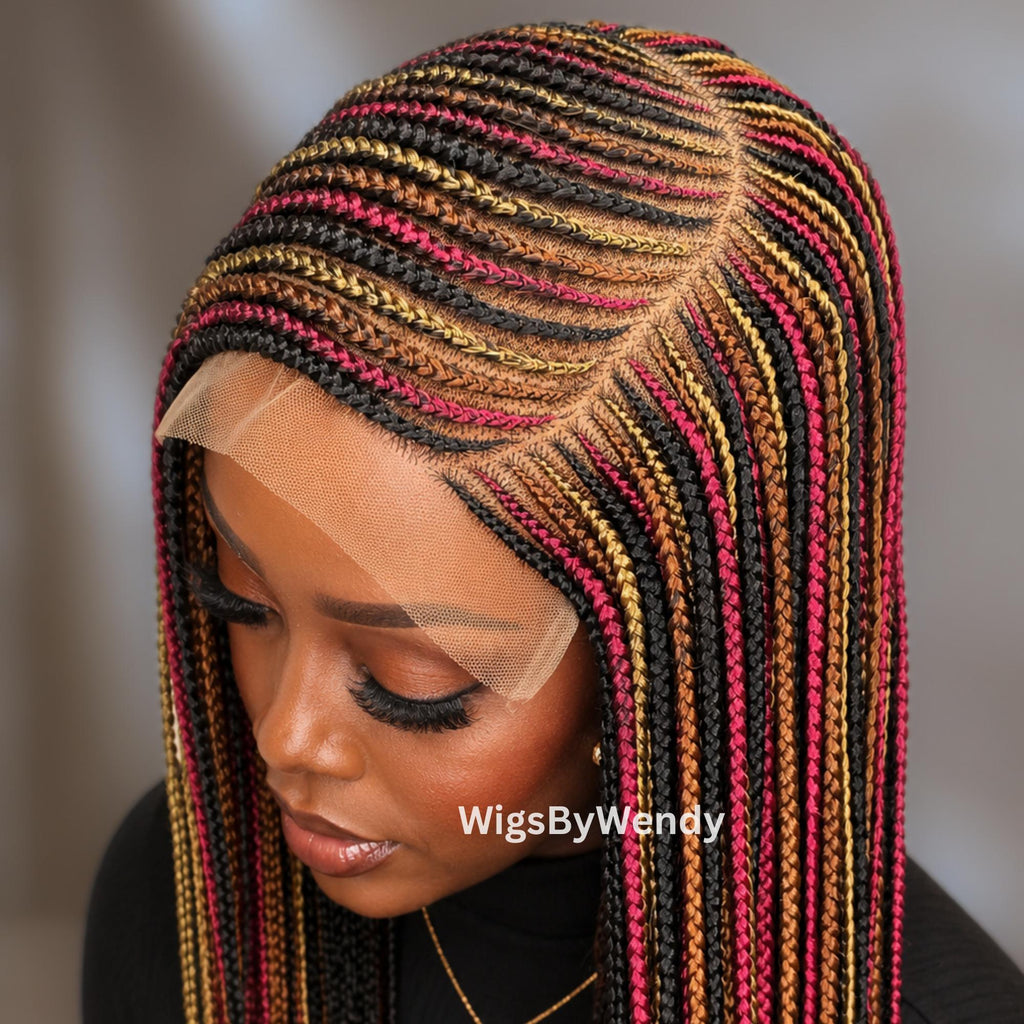 Rainbow Conrow Wig, Long Single Box Braids Lightweight African Weave Wig