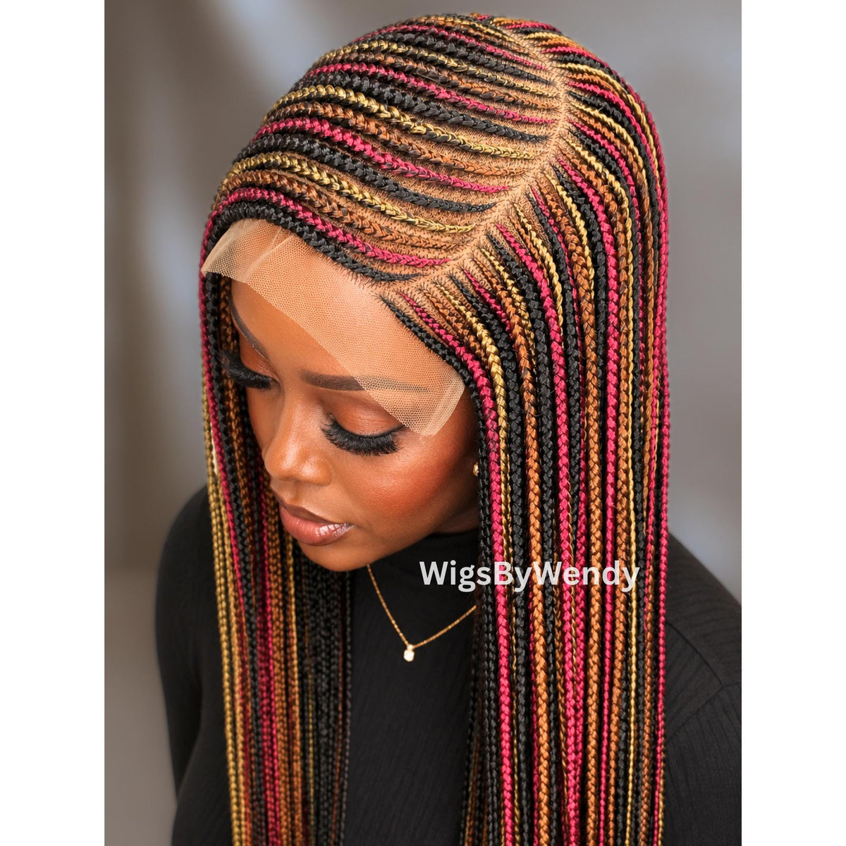Rainbow Conrow Wig, Long Single Box Braids Lightweight African Weave Wig