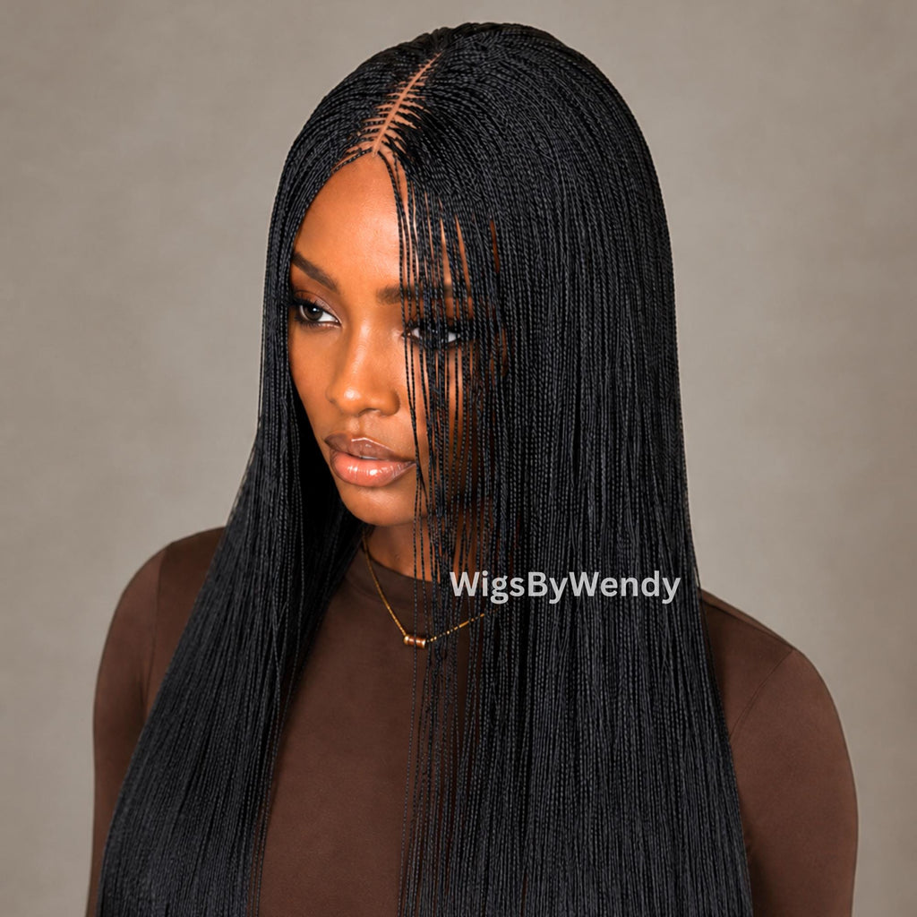 BlunT Cut Black Nano Twist Braided Wig, Centre-part Light-weight Single Micro Braids Wig