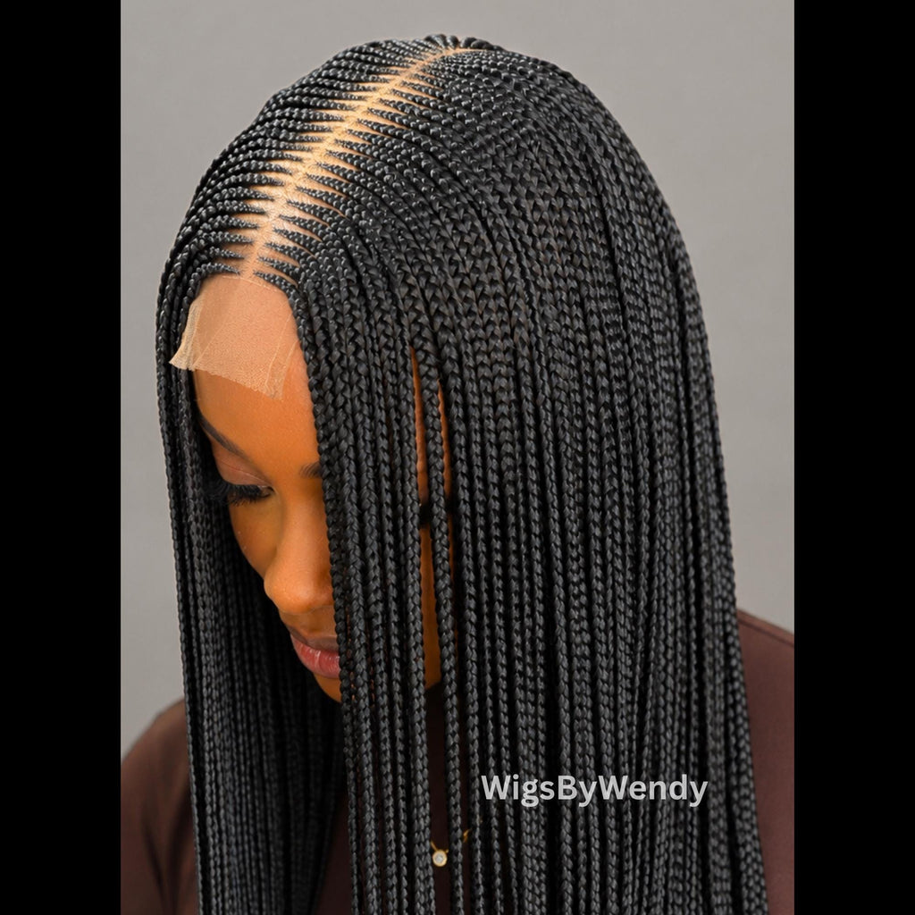 Black Middle Part Long Fulani Conrow Braids Wig