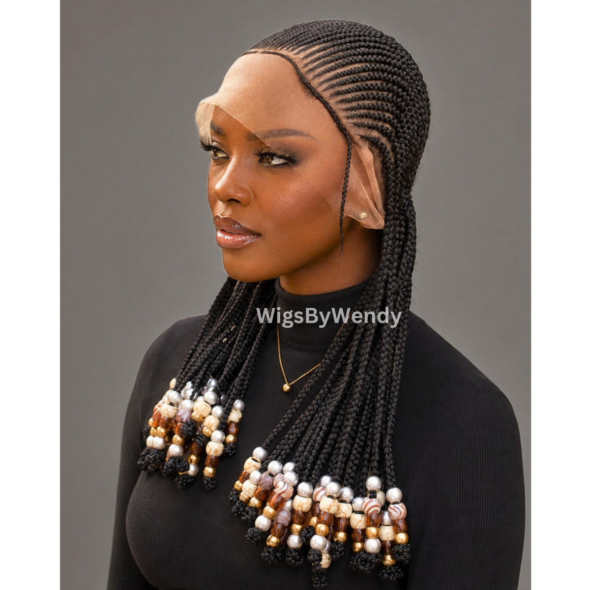 Beaded Full Lace All Back Conrow Braids Wig, Lightweight African Weave With Baby Hair