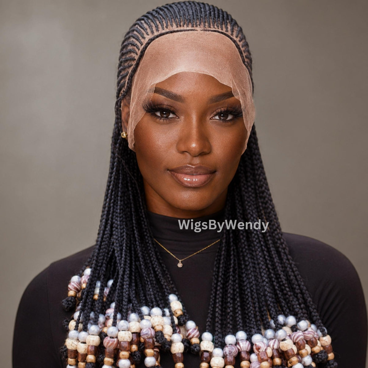 Beaded Full Lace All Back Conrow Braids Wig, Lightweight African Weave With Baby Hair