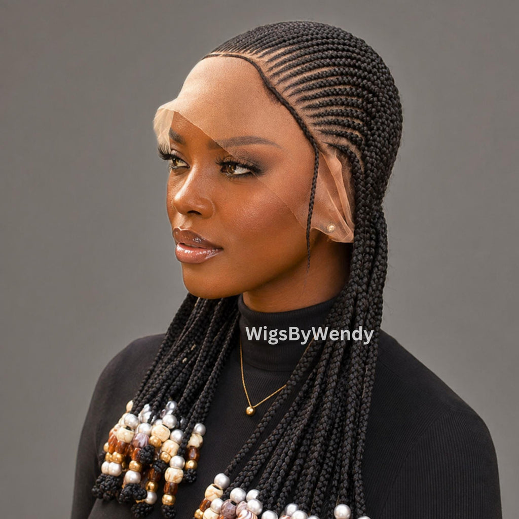 Beaded Full Lace All Back Conrow Braids Wig, Lightweight African Weave With Baby Hair