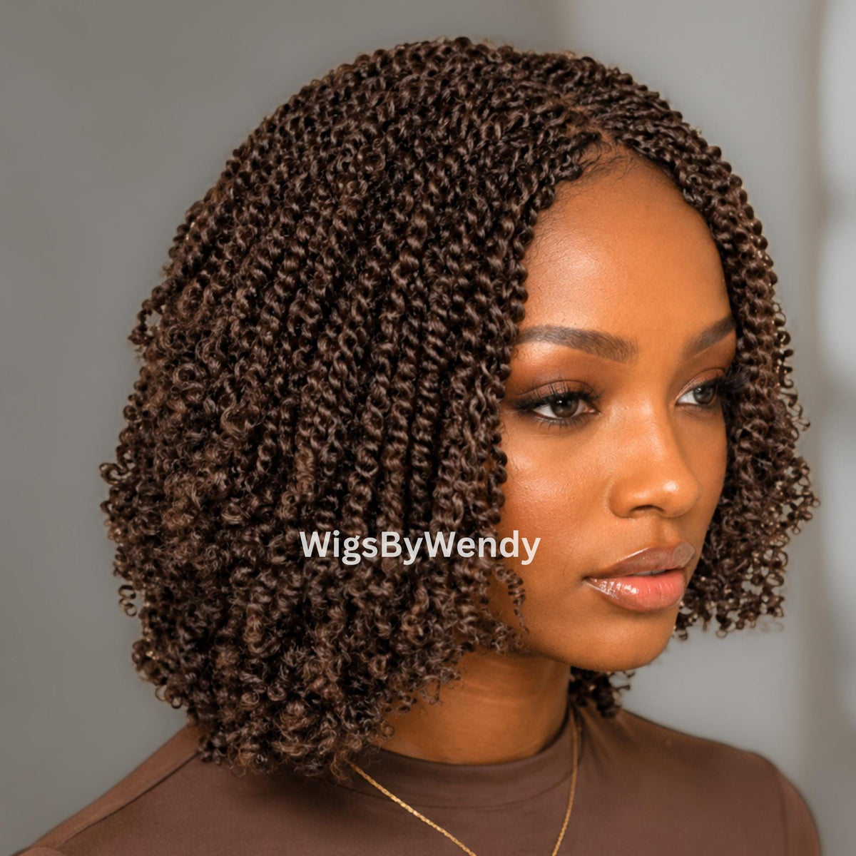Brown Short Bob Spring Twist Braids Wig, Passion Curls Lace Closure Lightweight Wig
