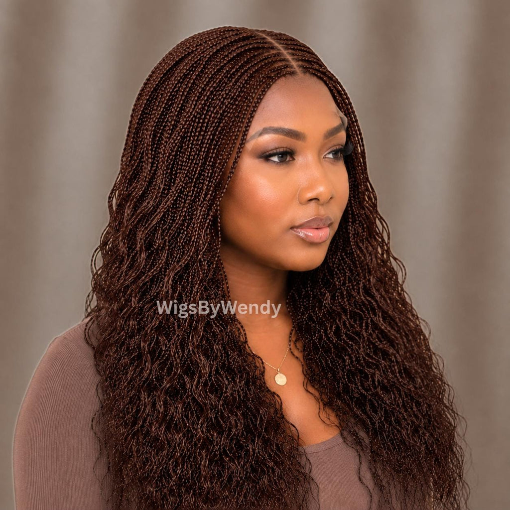 Brown Curly Lace Closure Single Box Braids Wig, Lightweight african weave wig