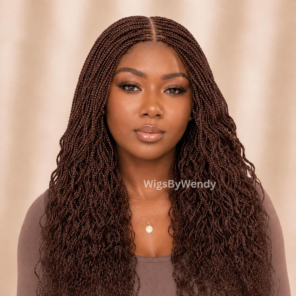 Brown Curly Lace Closure Single Box Braids Wig, Lightweight african weave wig
