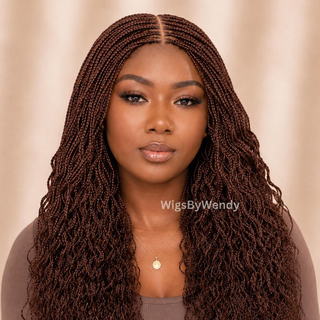 Brown Curly Lace Closure Single Box Braids Wig, Lightweight african weave wig