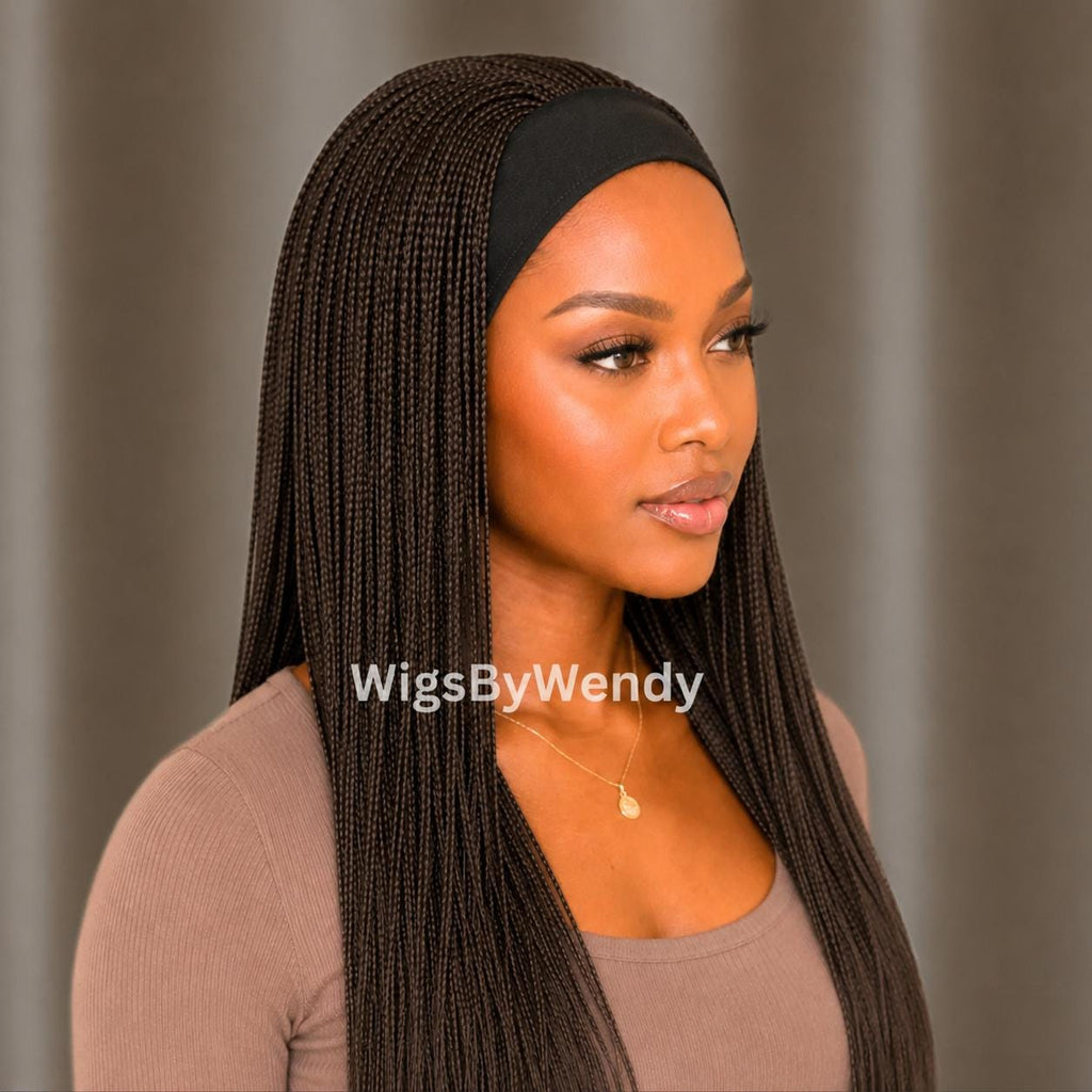 Brown Colour 4 Glueless Single Box Braids Headband Wig