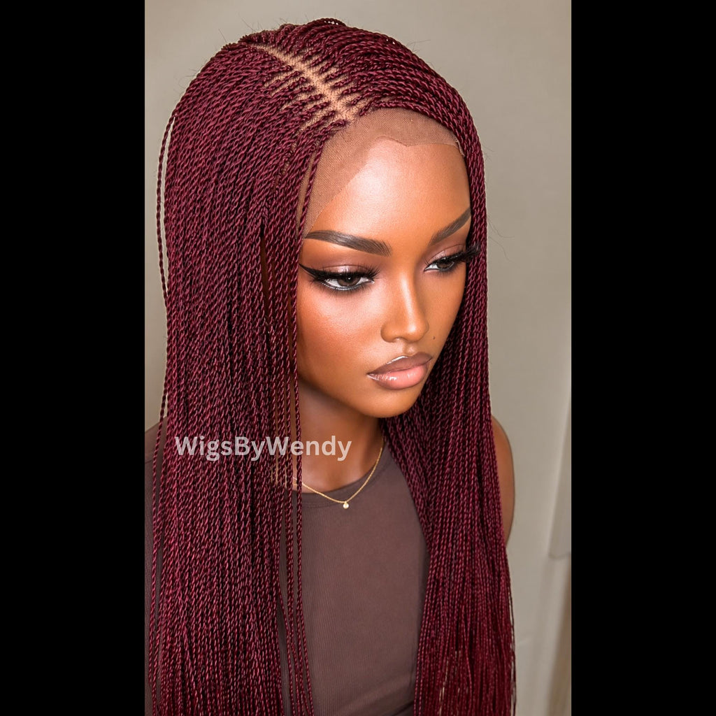 Red Micro Twist Braided Wig, Long Centre-part Light-weight Single Braids Wig