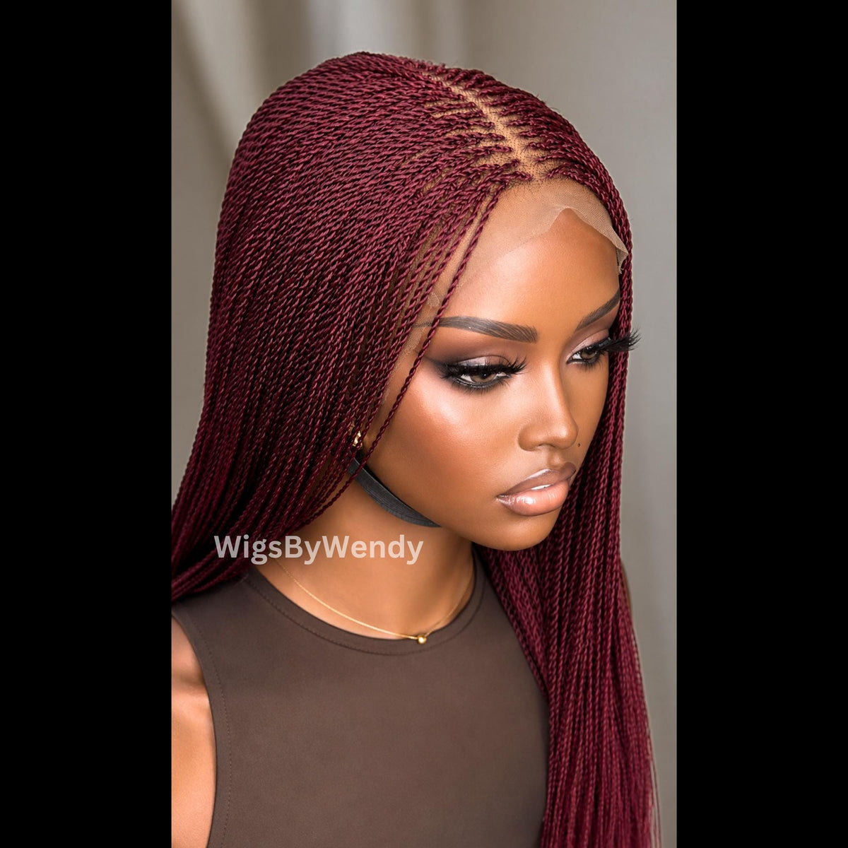Red Micro Twist Braided Wig, Long Centre-part Light-weight Single Braids Wig