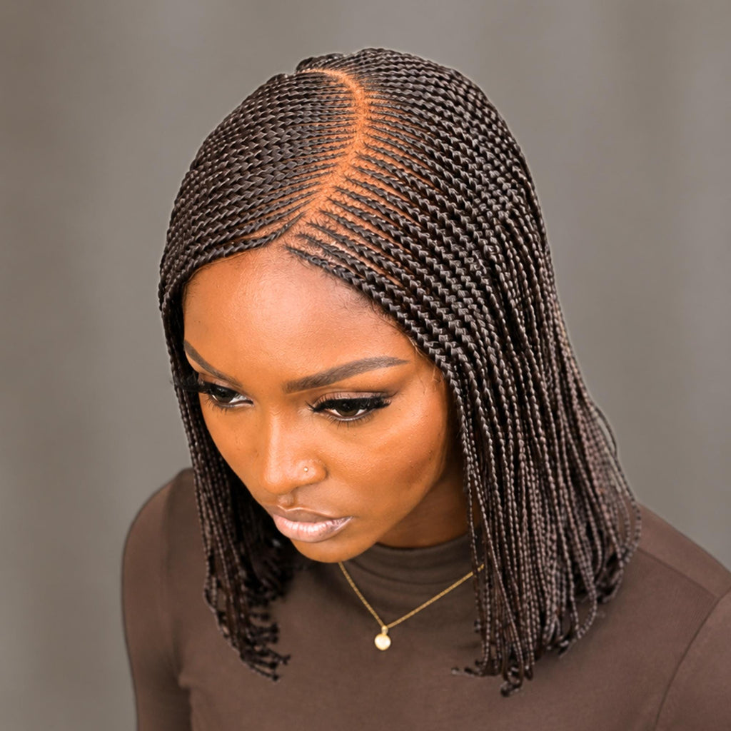 Brown Short Bob Braids Wig, Human Hair Lace Closure Lightweight Wig