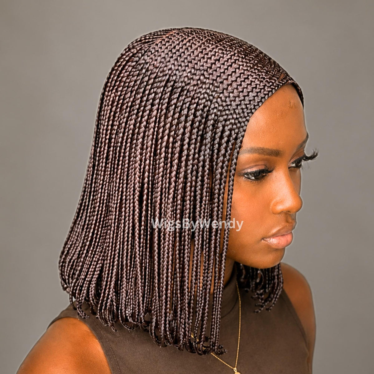 Brown Short Bob Braids Wig, Human Hair Lace Closure Lightweight Wig
