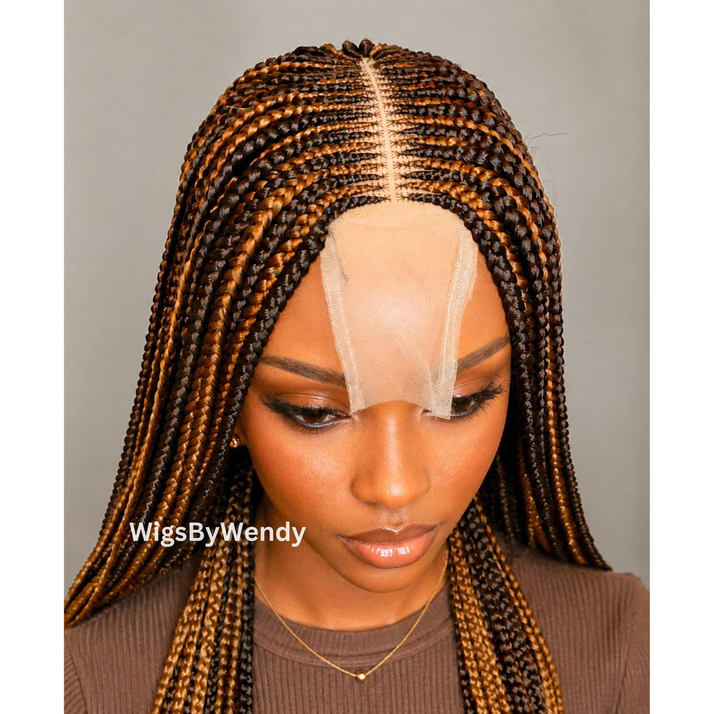 Brown and Gold 24 inches Middle Part Long Fulani Conrow Braids Wig
