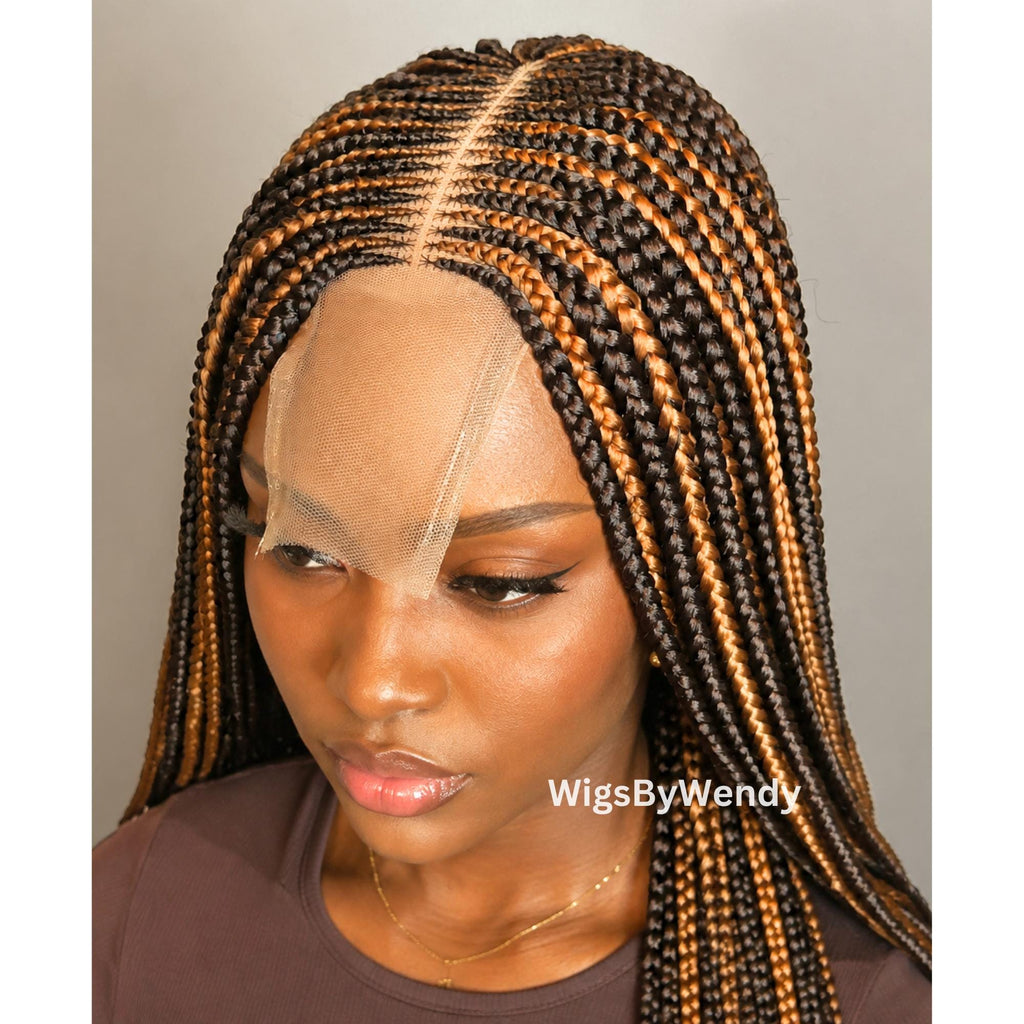 Brown and Gold 24 inches Middle Part Long Fulani Conrow Braids Wig