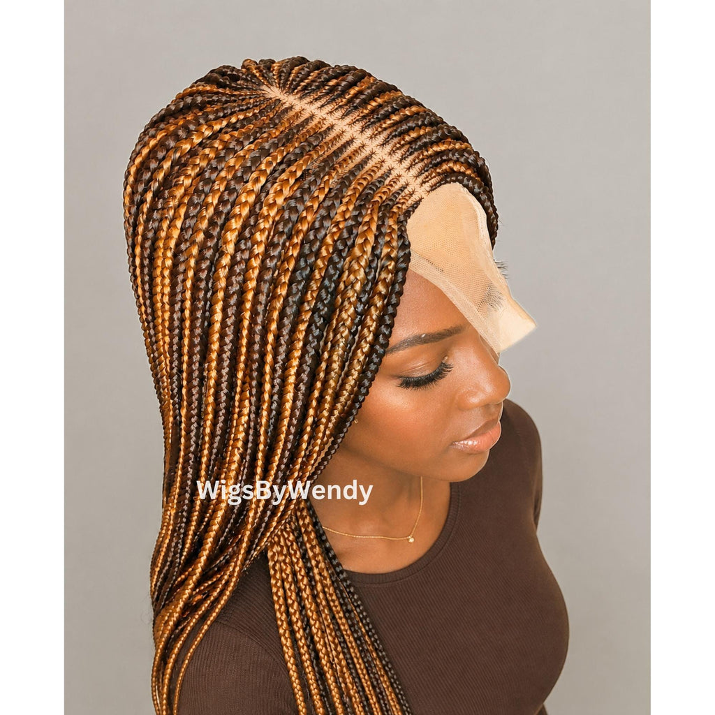 Brown and Gold 24 inches Middle Part Long Fulani Conrow Braids Wig