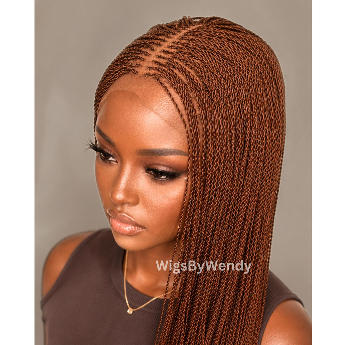Brown Micro Twist Braided Wig, Long Centre-part Light-weight Single Braids Wig
