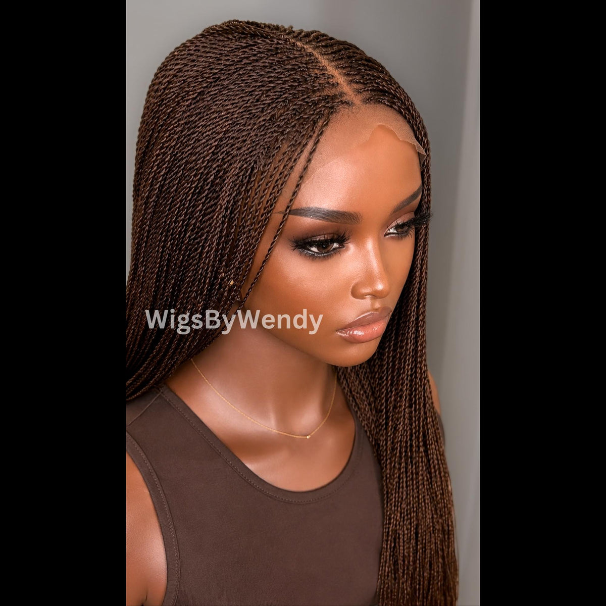 Dark Brown Micro Twist Braided Wig, Long Centre-part Light-weight Single Braids Wig,