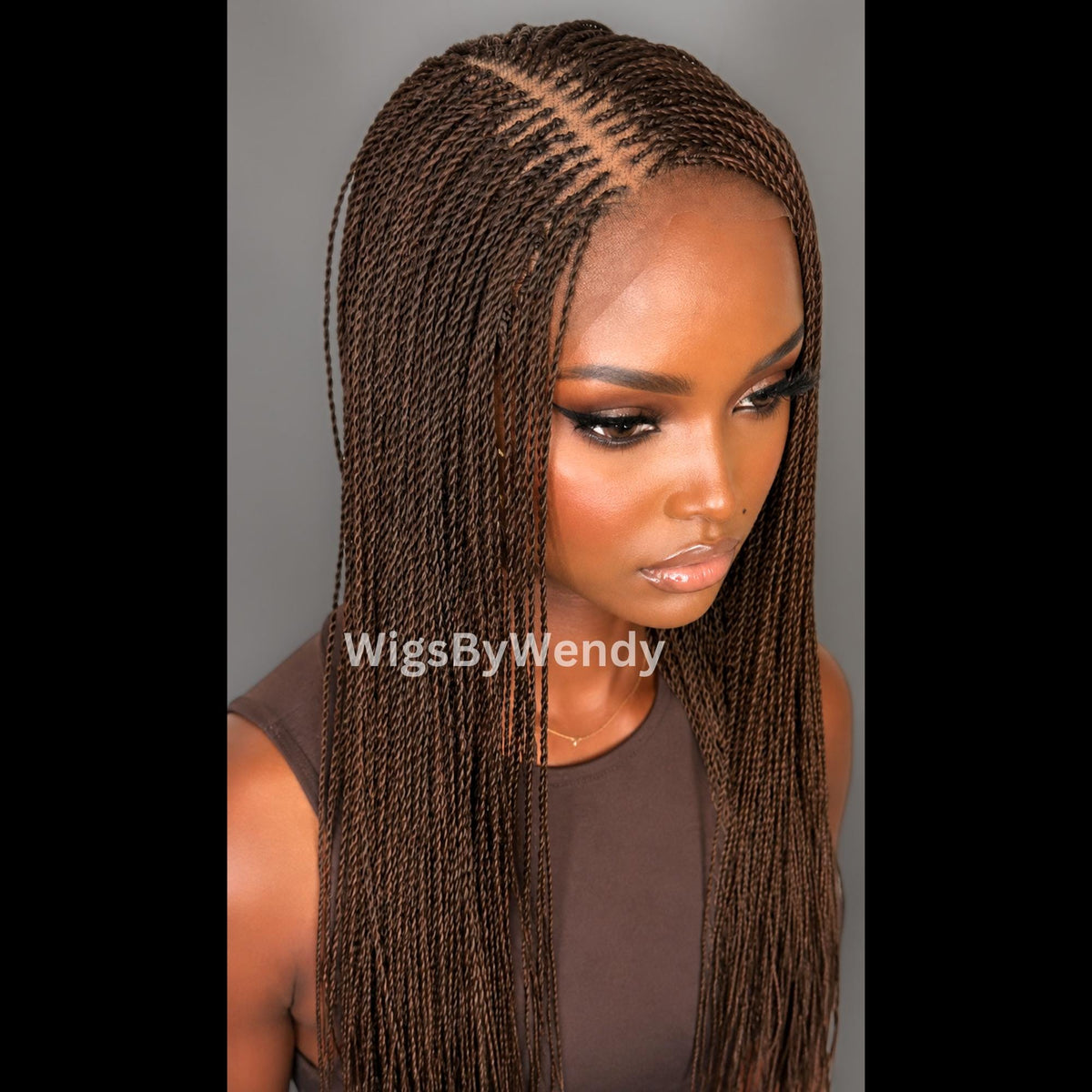 Dark Brown Micro Twist Braided Wig, Long Centre-part Light-weight Single Braids Wig,