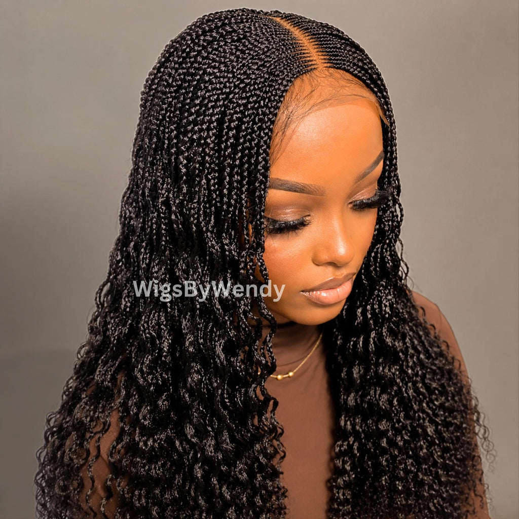 Curly Lace Closure Middle Part Cornrow Braids Wig, Lightweight African Weave Wig
