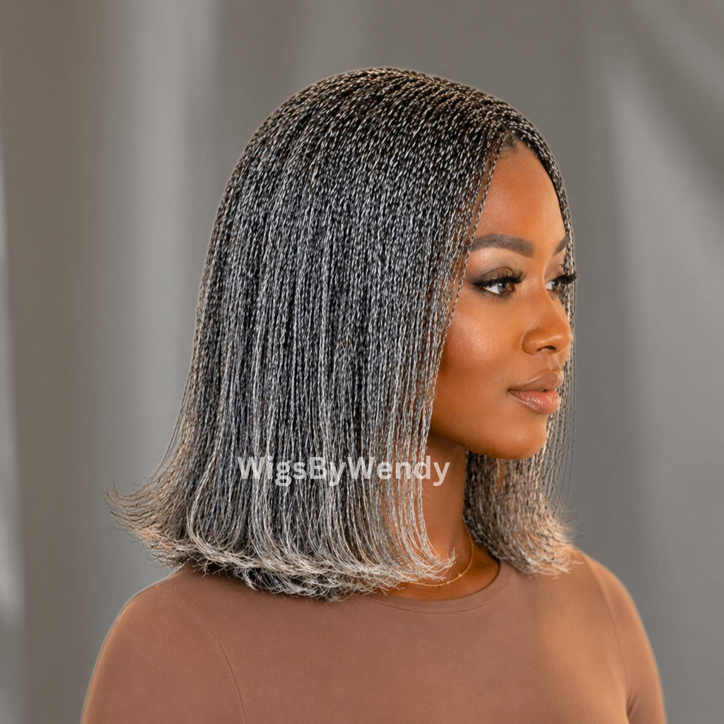 Salt and Pepper, Black and Grey Micro Twist Braided Wig, Centre-part Light-weight Single Nano Braids Wig