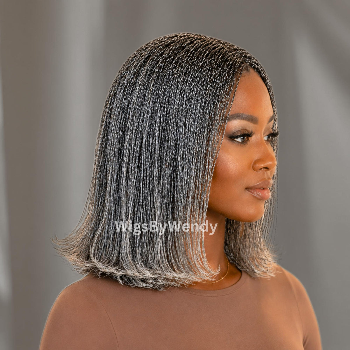 Salt and Pepper, Black and Grey Micro Twist Braided Wig, Centre-part Light-weight Single Nano Braids Wig