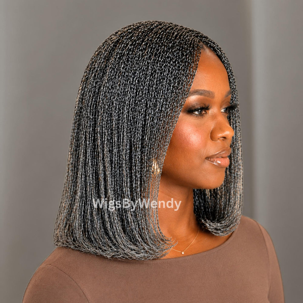 Salt and Pepper, Black and Grey Micro Twist Braided Wig, Centre-part Light-weight Single Nano Braids Wig