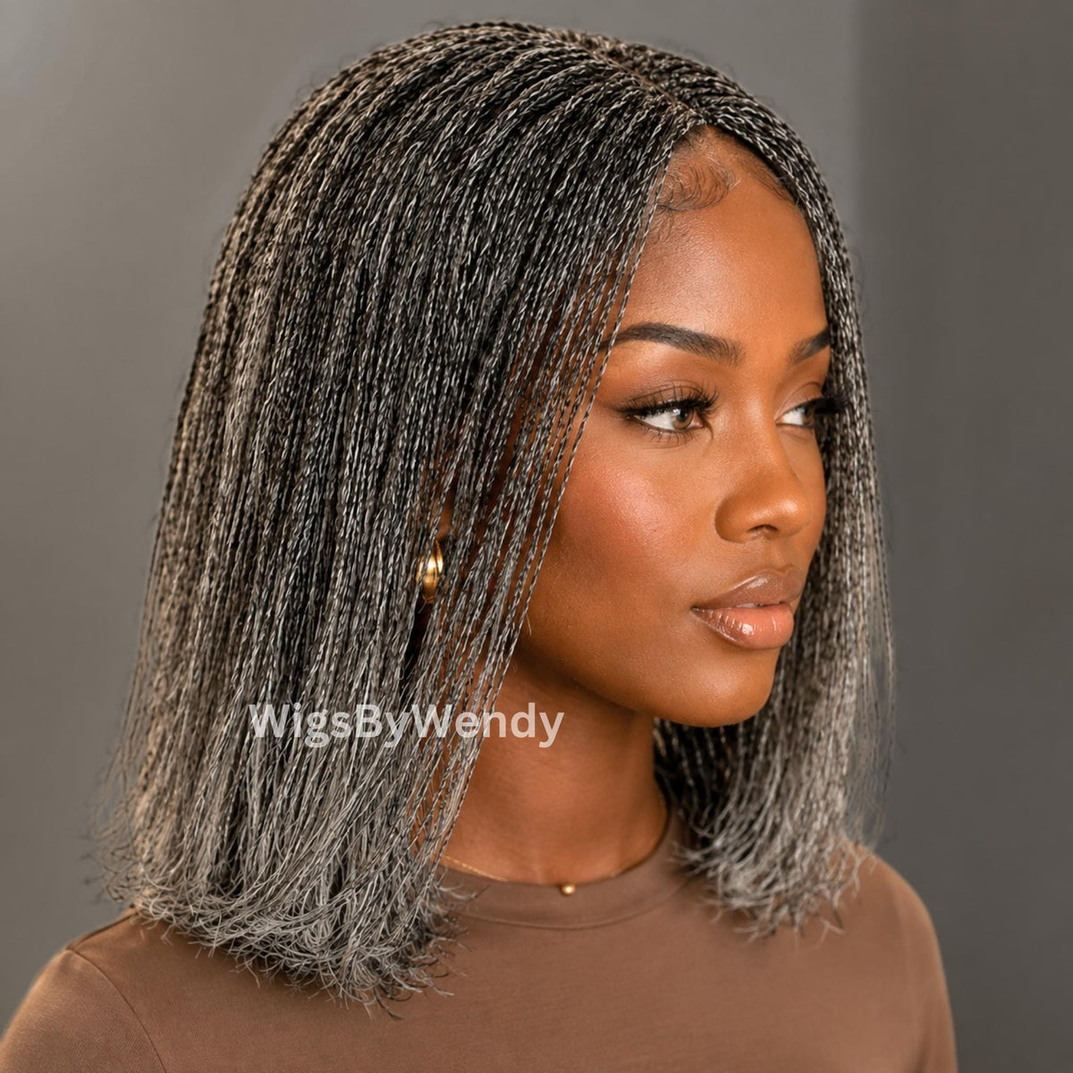 Salt and Pepper, Black and Grey Micro Twist Braided Wig, Centre-part Light-weight Single Nano Braids Wig