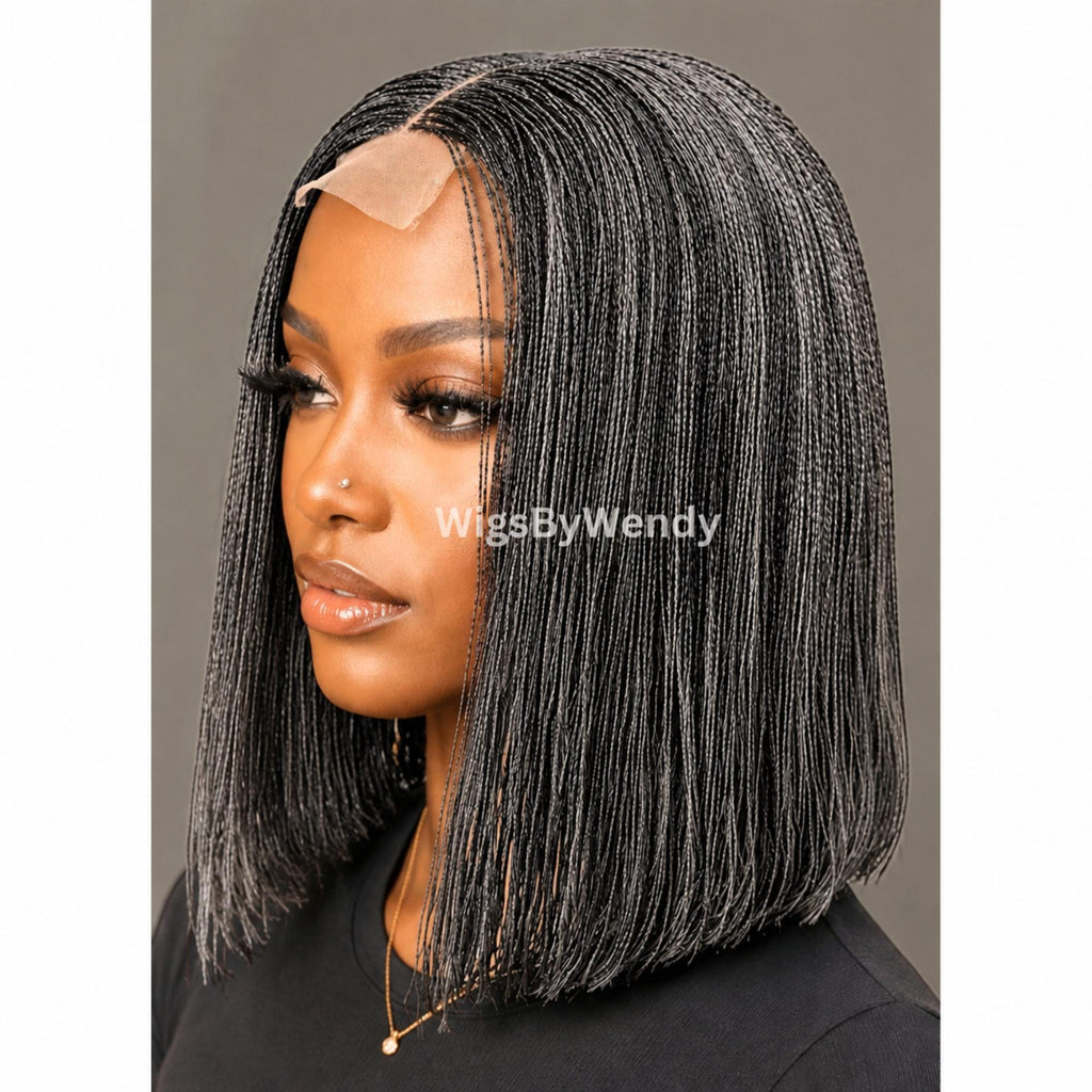 Salt and Pepper, Black and Grey Micro Twist Braided Wig, Centre-part Light-weight Single Nano Braids Wig