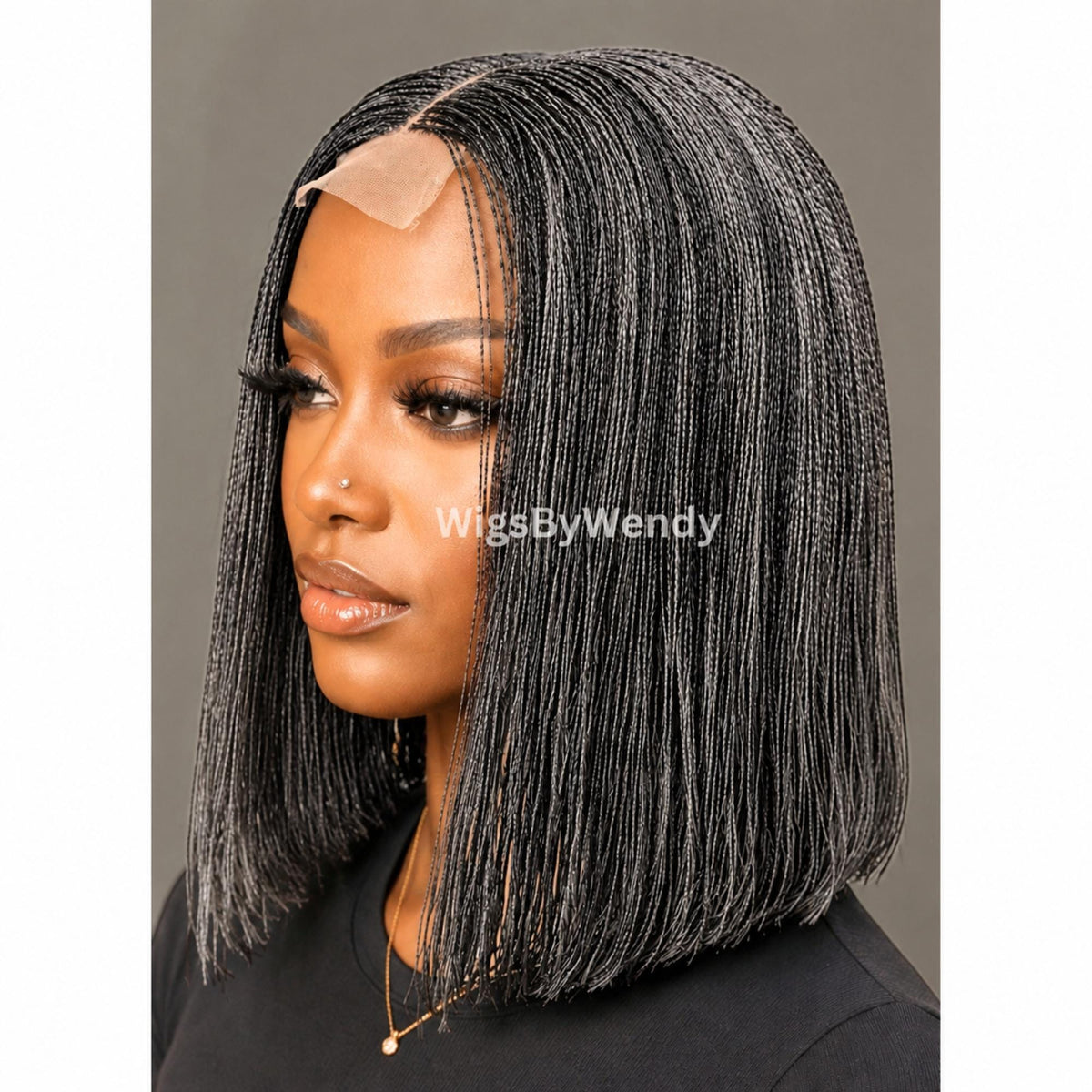 Salt and Pepper, Black and Grey Micro Twist Braided Wig, Centre-part Light-weight Single Nano Braids Wig