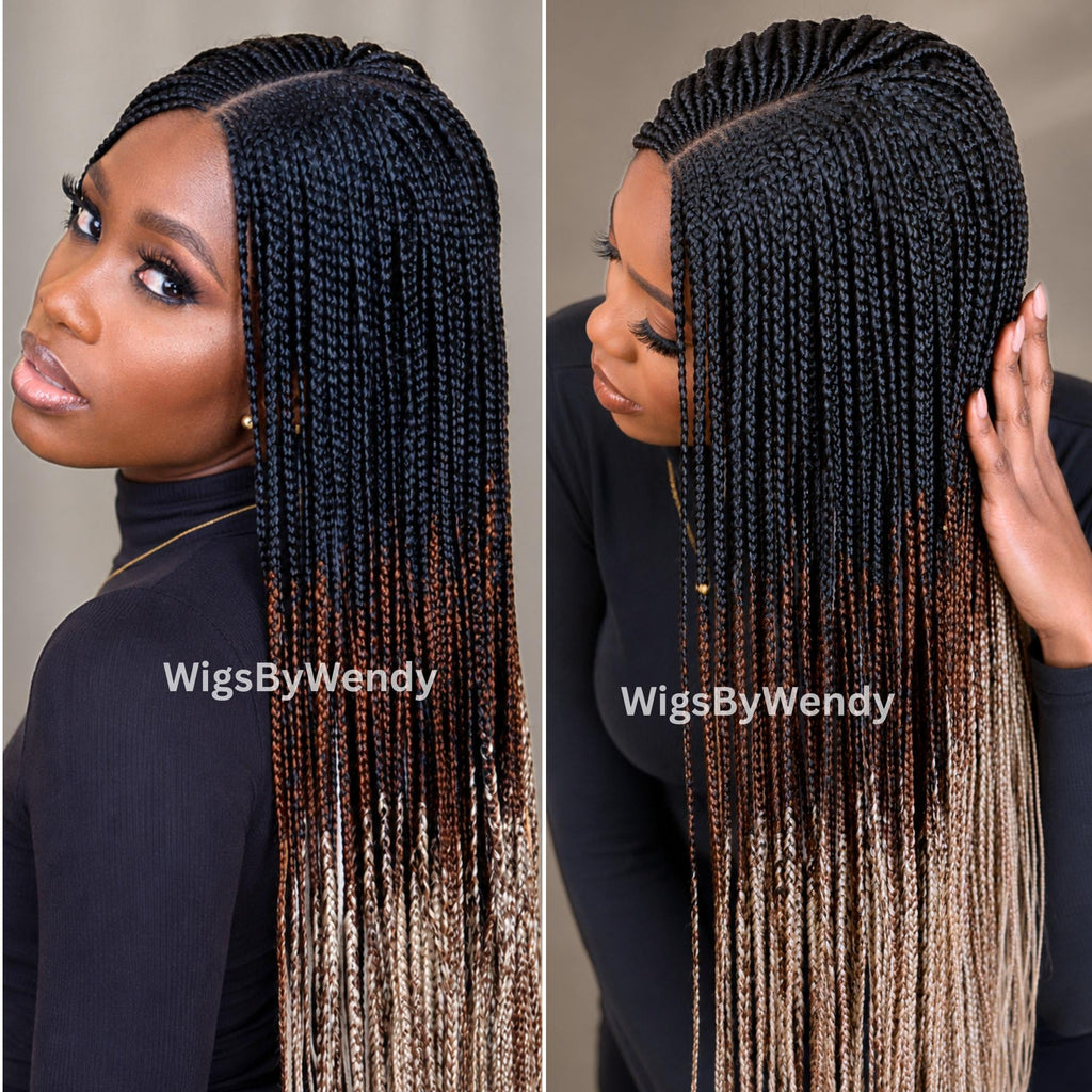 Black Brown Blonde Ombre Middle Part Long Fulani Conrow Braids Wig