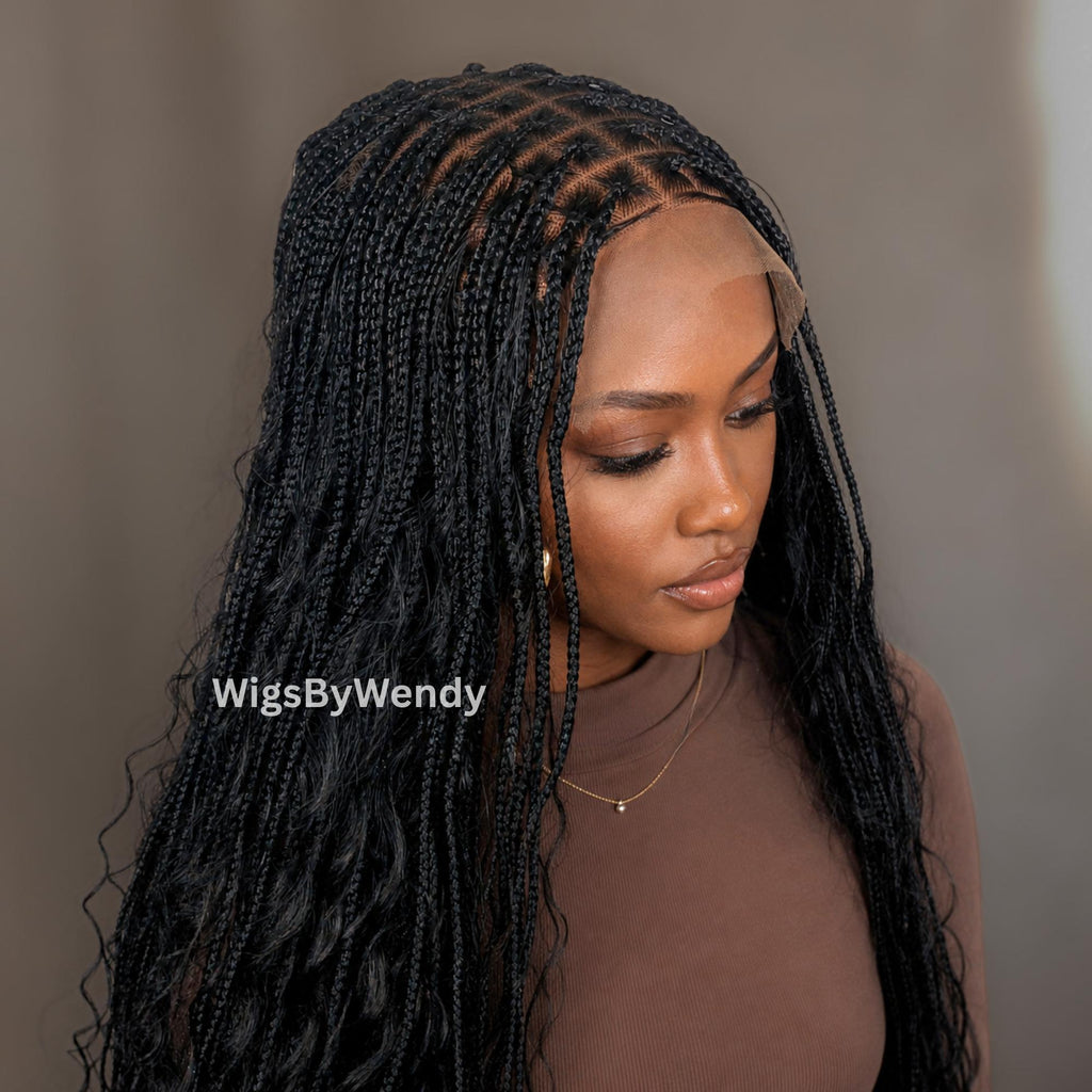 35inches Full Lace Black Knotless Boho Box Braids Wig For Black Women