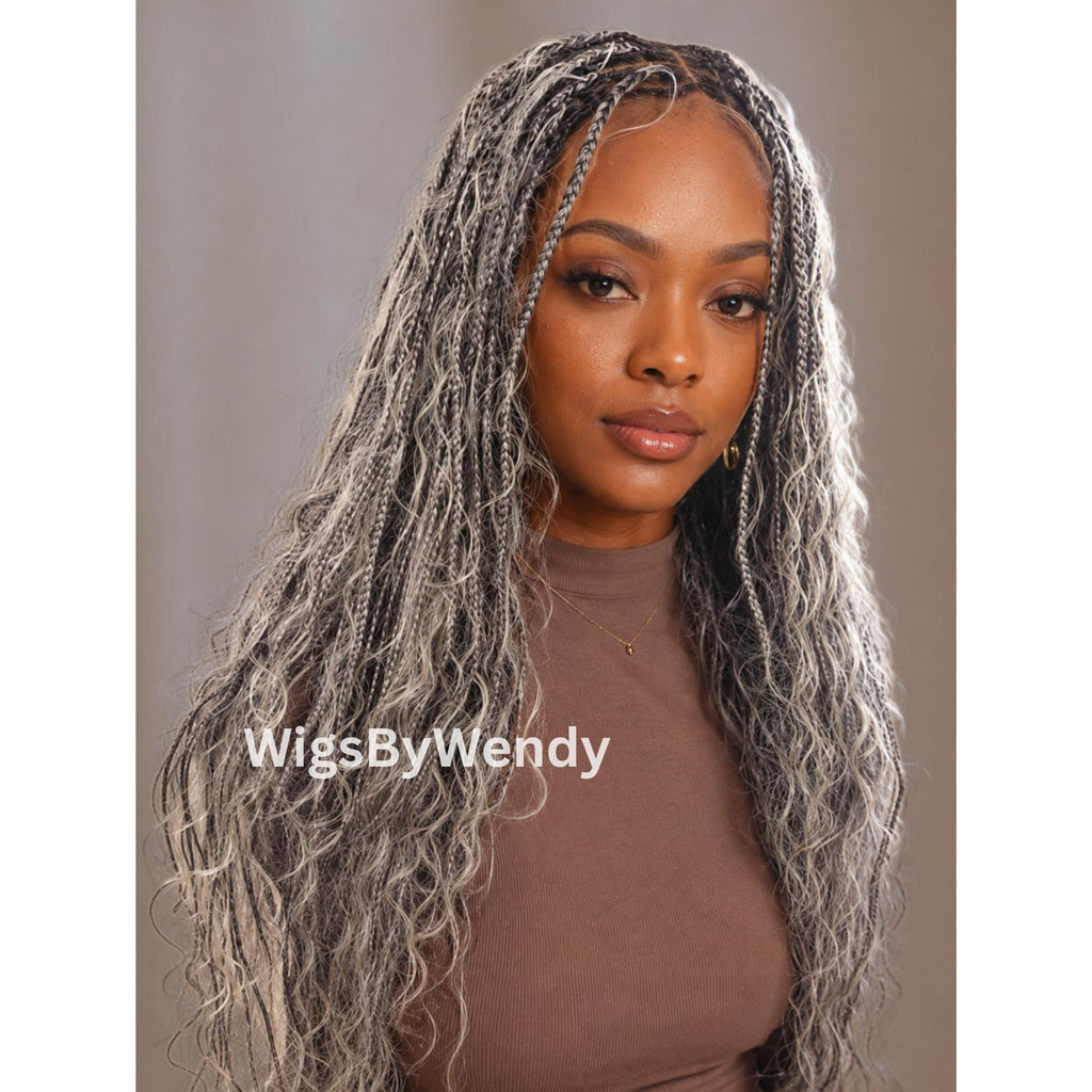 30inches Black Grey Silver Salt and Pepper Knotless Boho Box Braids Wig For Black Women