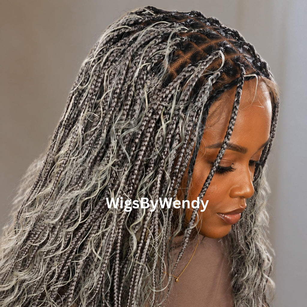 30inches Black Grey Silver Salt and Pepper Knotless Boho Box Braids Wig For Black Women