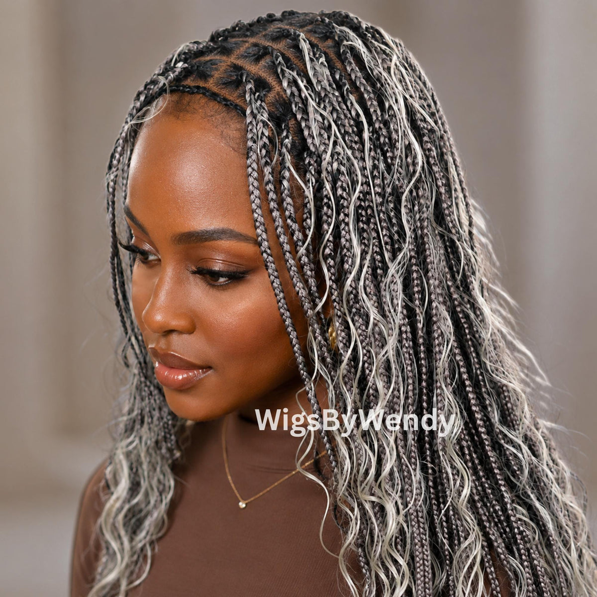 30inches Black Grey Silver Salt and Pepper Knotless Boho Box Braids Wig For Black Women