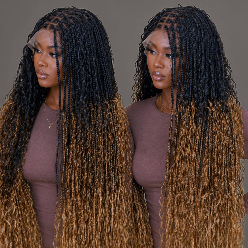35inches Black brown Gold Ombre Knotless Boho Box Braids Wig For Black Women