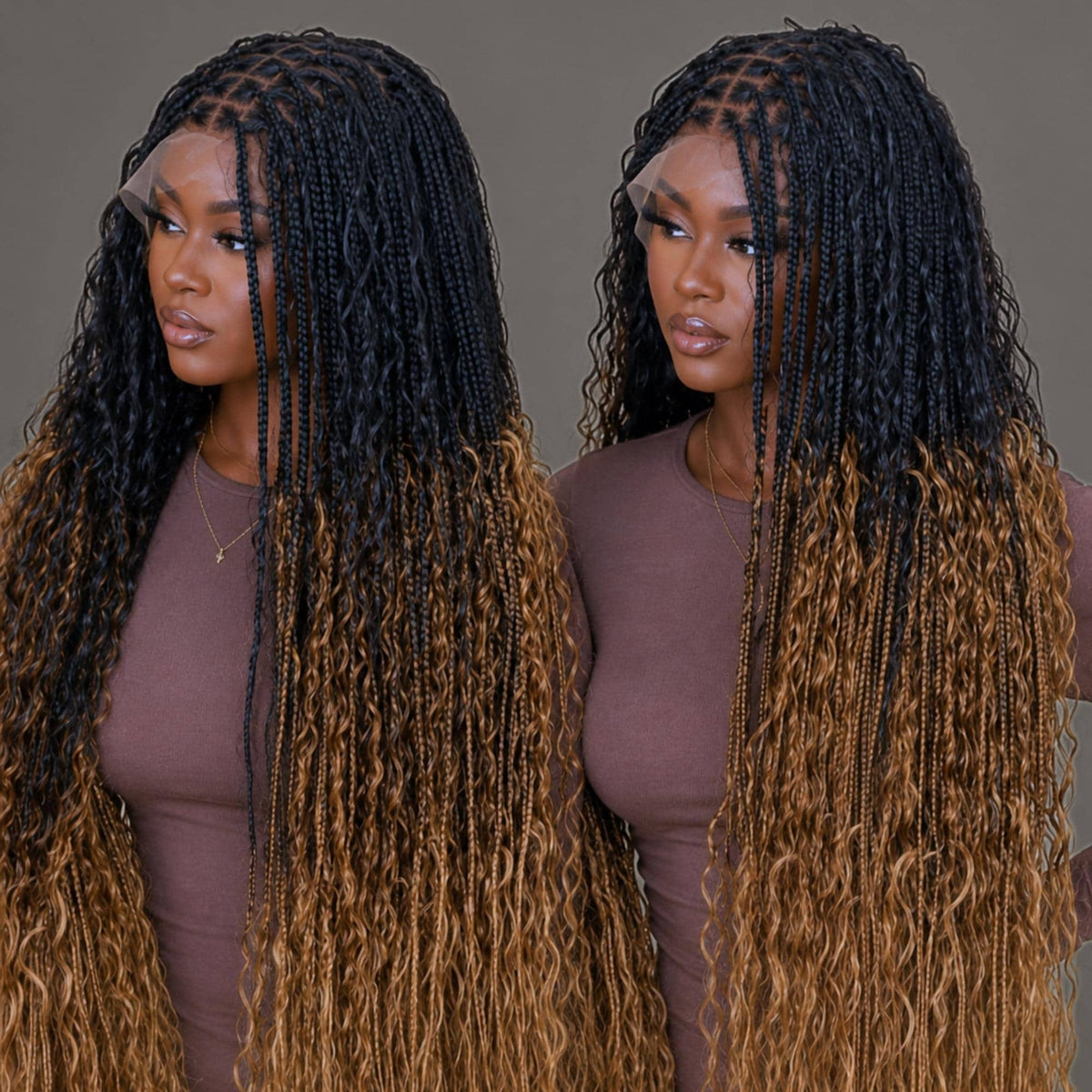 35inches Black brown Gold Ombre Knotless Boho Box Braids Wig For Black Women