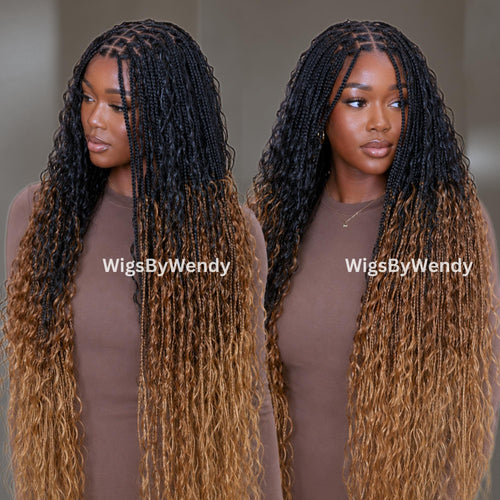 35inches Black brown Gold Ombre Knotless Boho Box Braids Wig For Black Women