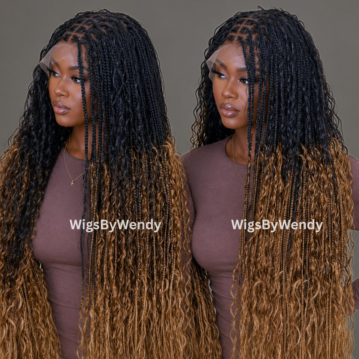 35inches Black brown Gold Ombre Knotless Boho Box Braids Wig For Black Women