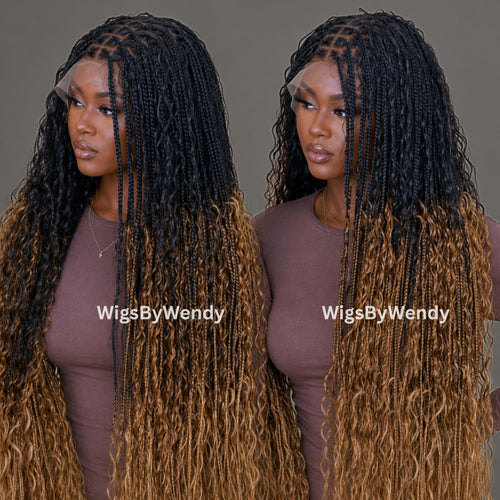 35inches Black brown Gold Ombre Knotless Boho Box Braids Wig For Black Women