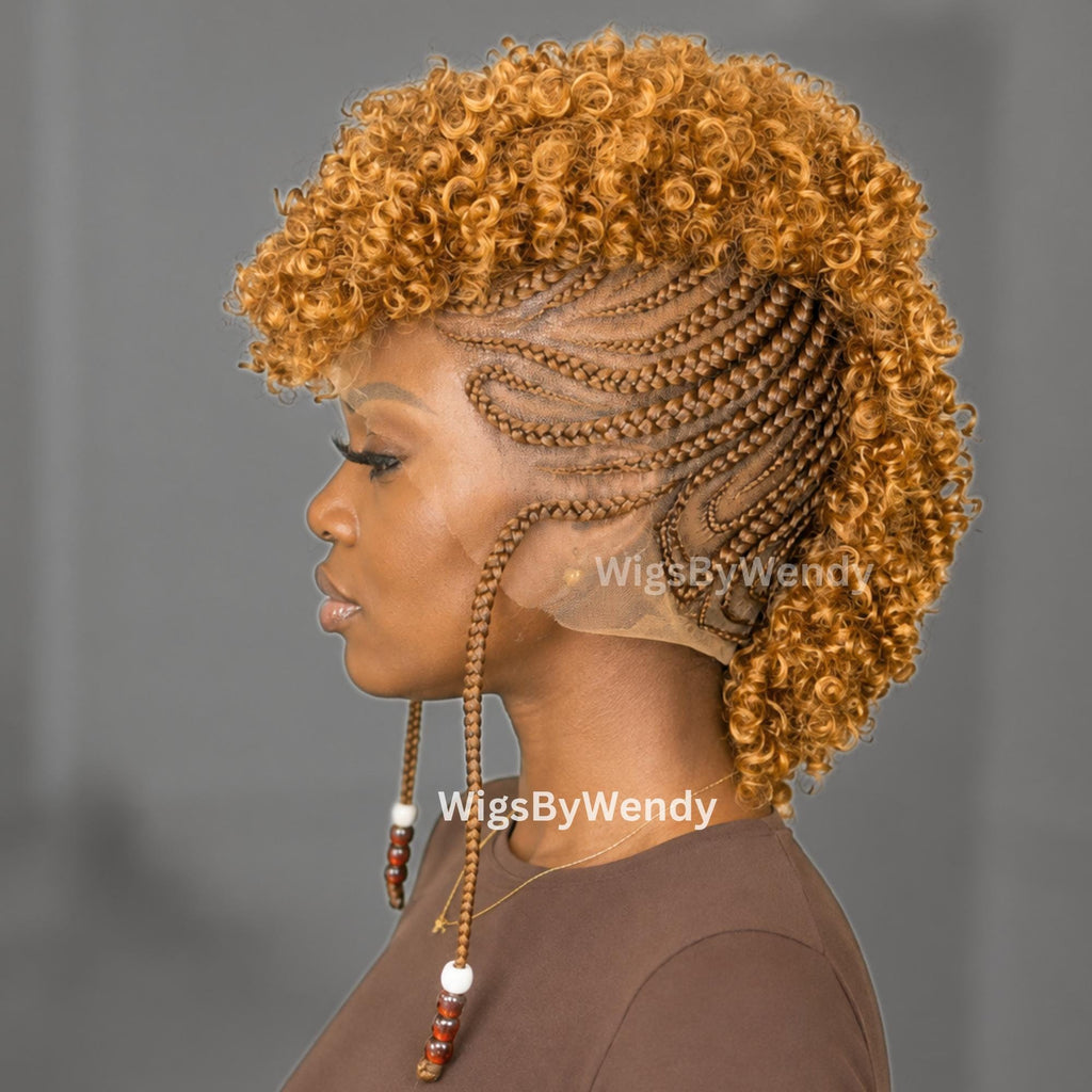 Short Afro Puff Braided Full Lace Mohawk Cornrow wig, Tribal Updo Braids With Beads