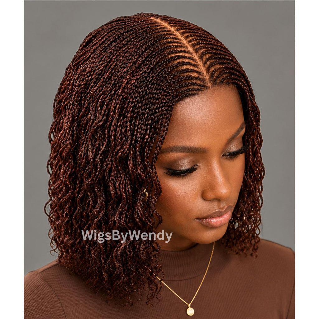 Curly Lace Closure Middle Part Cornrow Braids Wig, Lightweight African Weave Wig