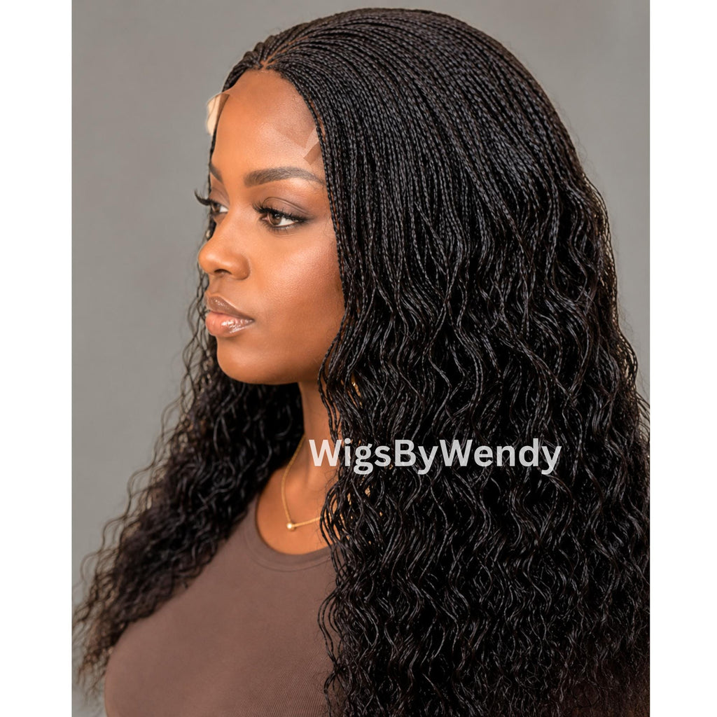 16inches Curly Lace Closure Single Box Braids Wig, Lightweight African Weave, Micro Braids Wig