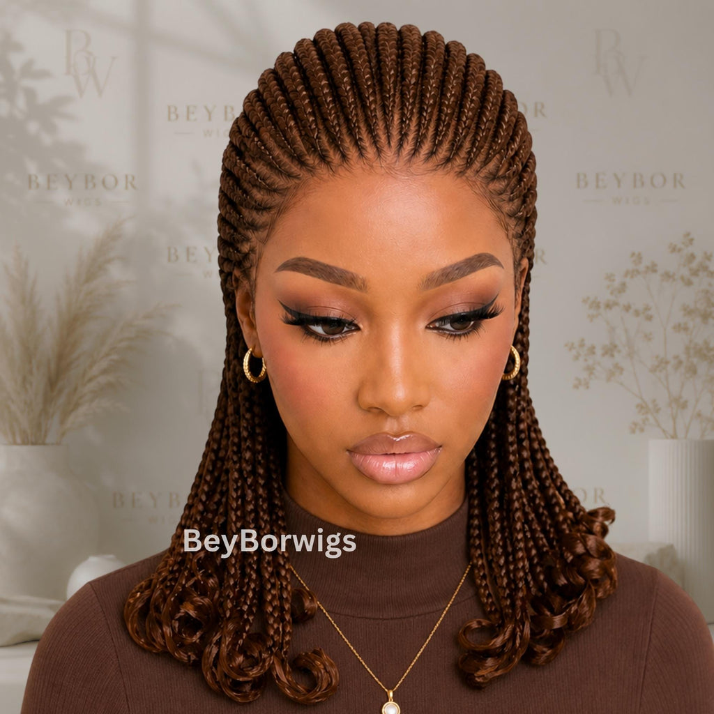 Curly Full Lace All Back Conrow Braids Wig, Lightweight African Weave With Baby Hair