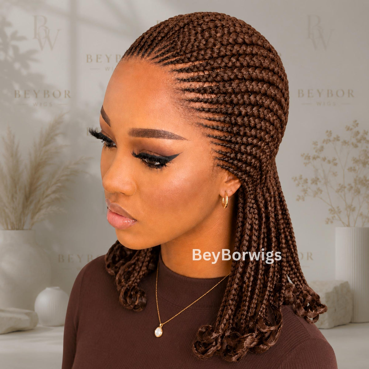 Curly Full Lace All Back Conrow Braids Wig, Lightweight African Weave With Baby Hair