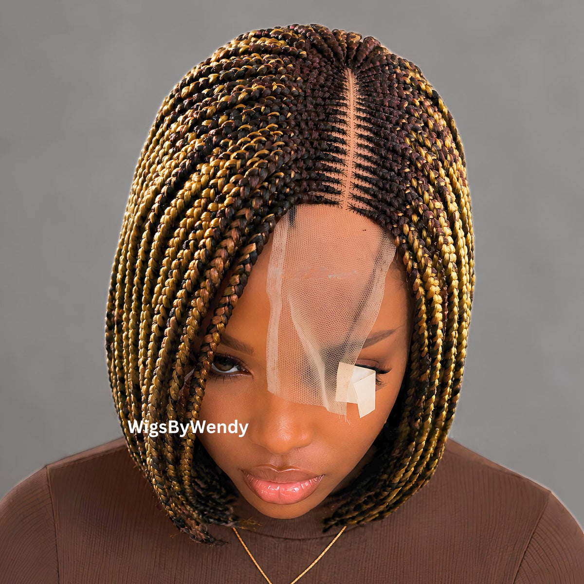 Brown and Gold Short Bob Braids Wig, Human Hair Lace Closure Lightweight Wig