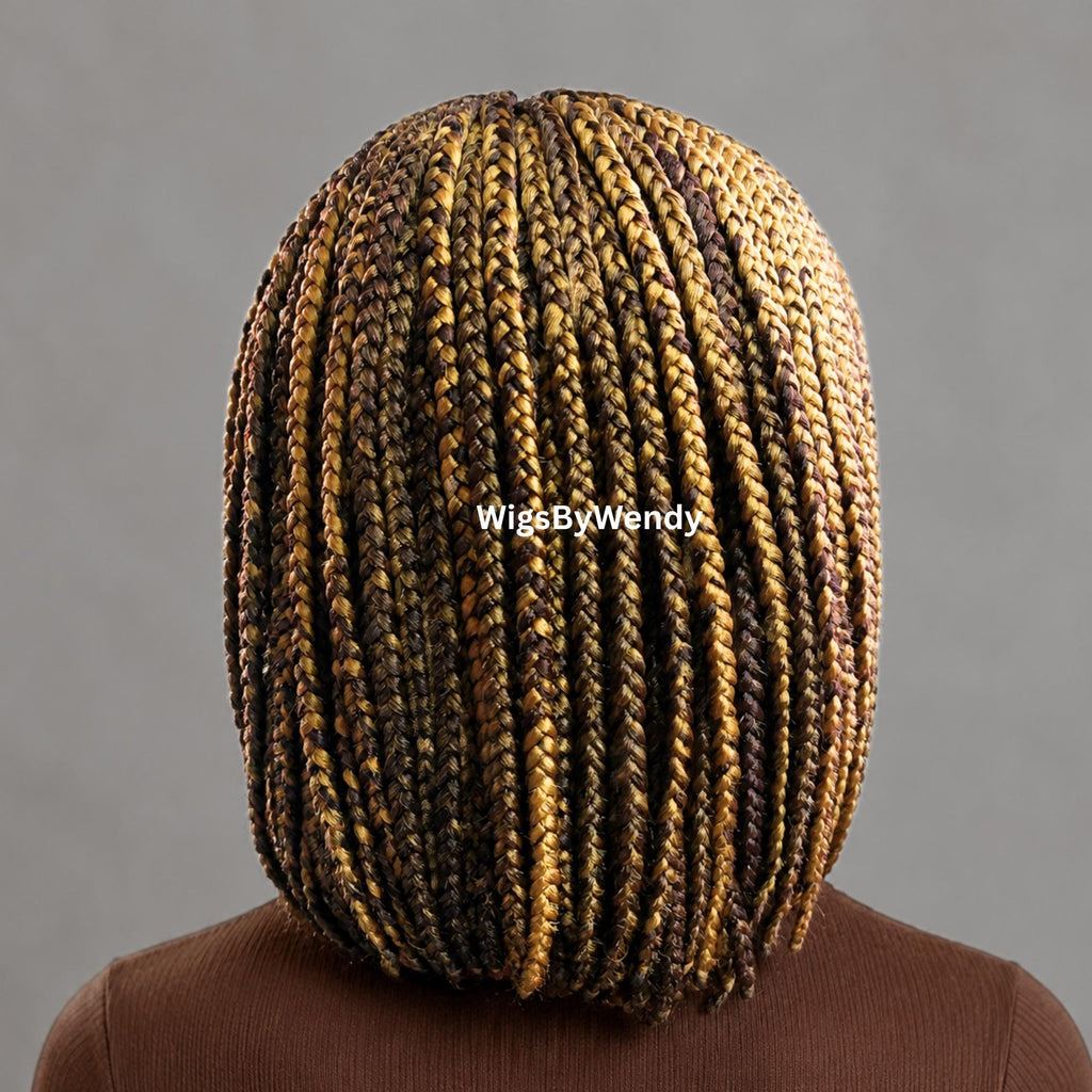 Brown and Gold Short Bob Braids Wig, Human Hair Lace Closure Lightweight Wig
