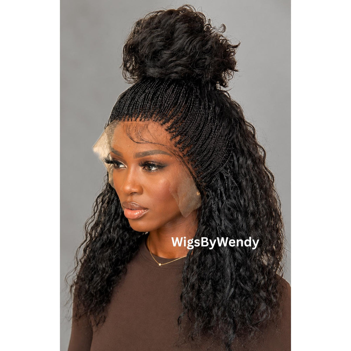Black 16inches Curly Micro Braids Wig, Lace Closure Single Box Braids Wig, Lightweight African Weave