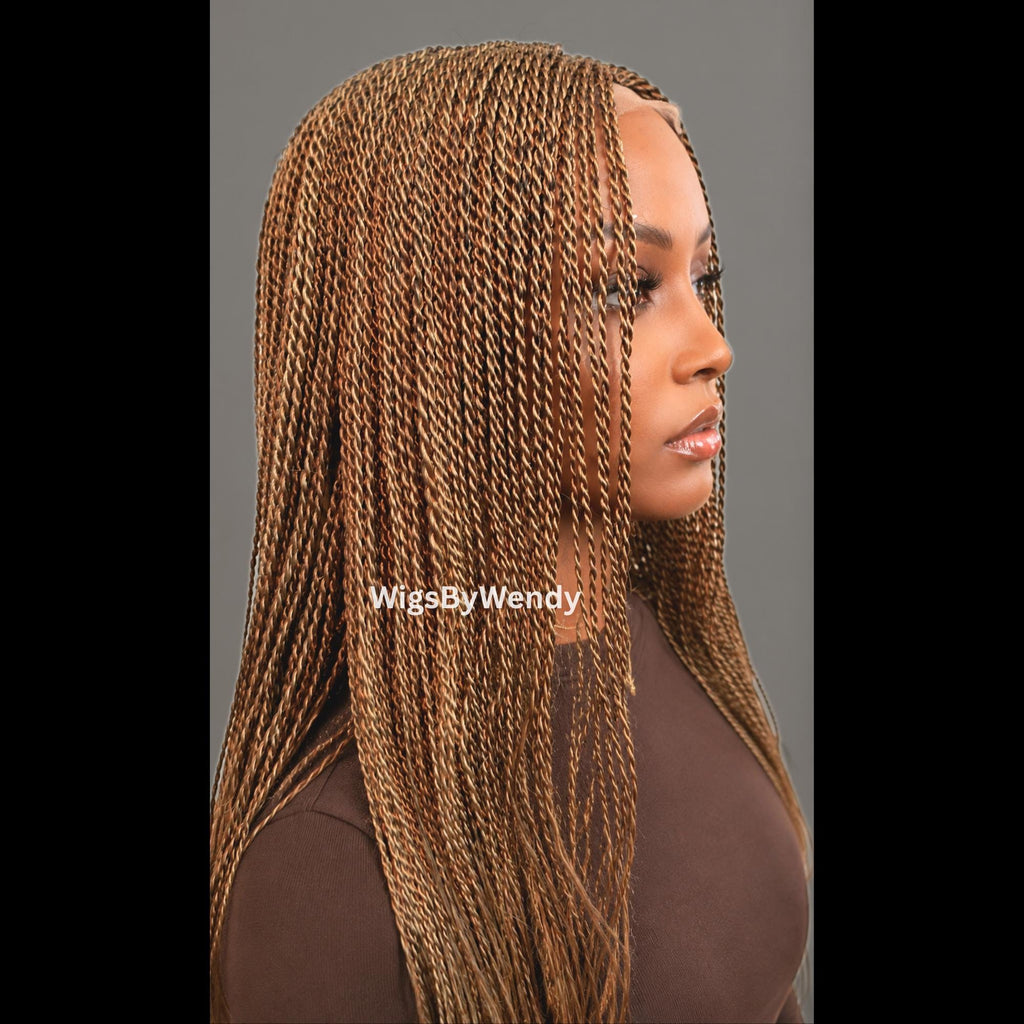Gold Micro Twist Braided Wig, Long Centre-part Light-weight Single Braids Wig